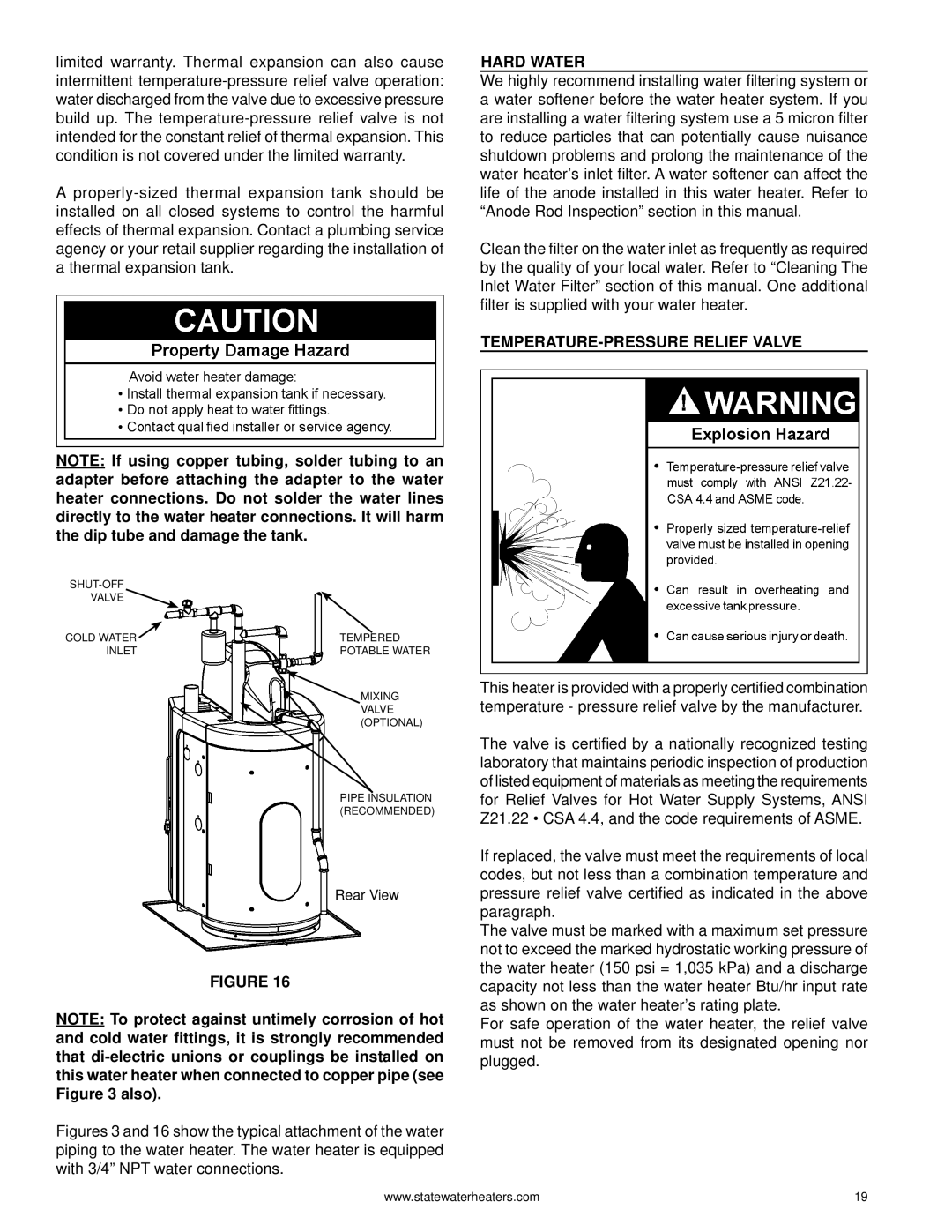 State Industries GPH-90N, 0710 316888-002 warranty Hard Water, TEMPERATURE-PRESSURE Relief Valve 