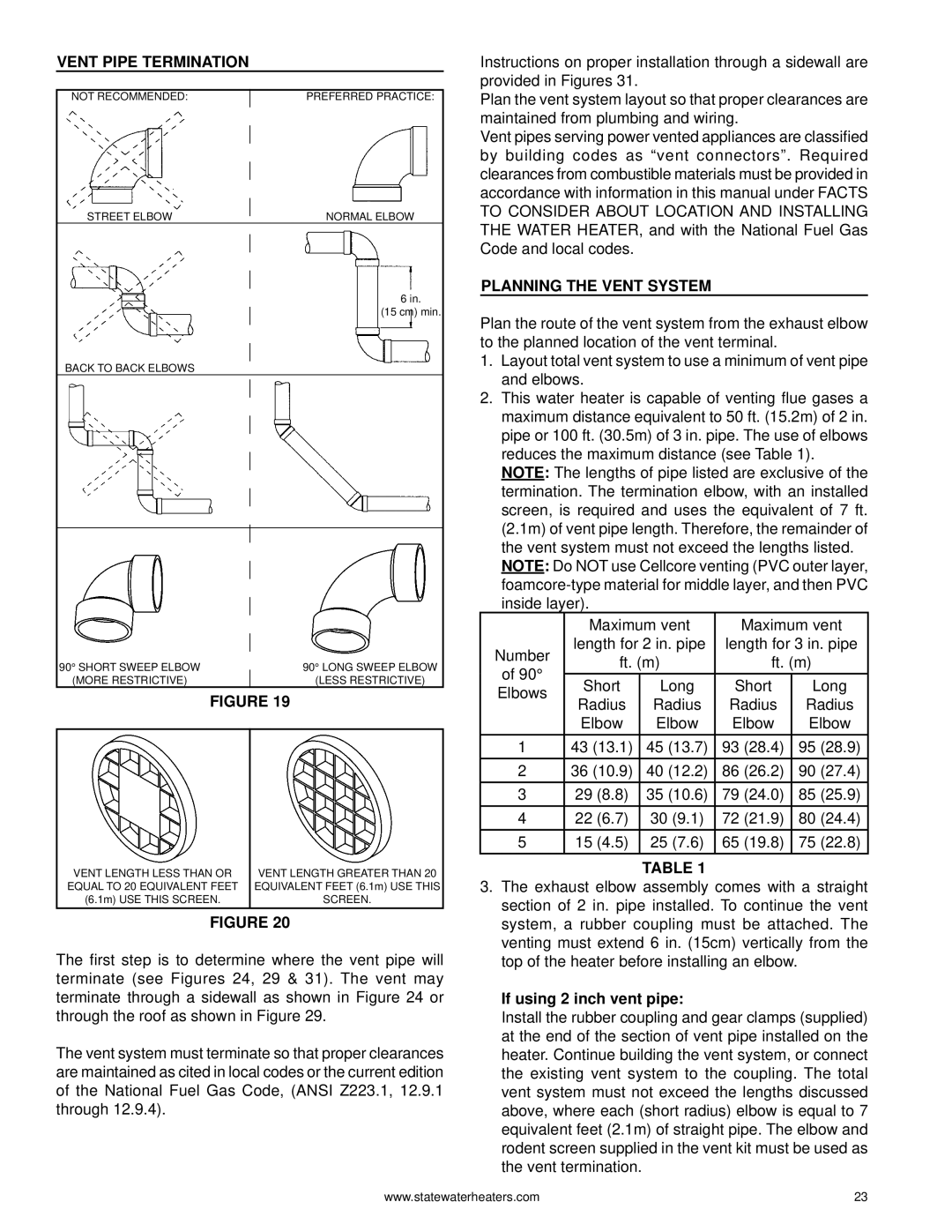 State Industries GPH-90N, 0710 316888-002 Vent Pipe Termination, Planning the Vent System, If using 2 inch vent pipe 