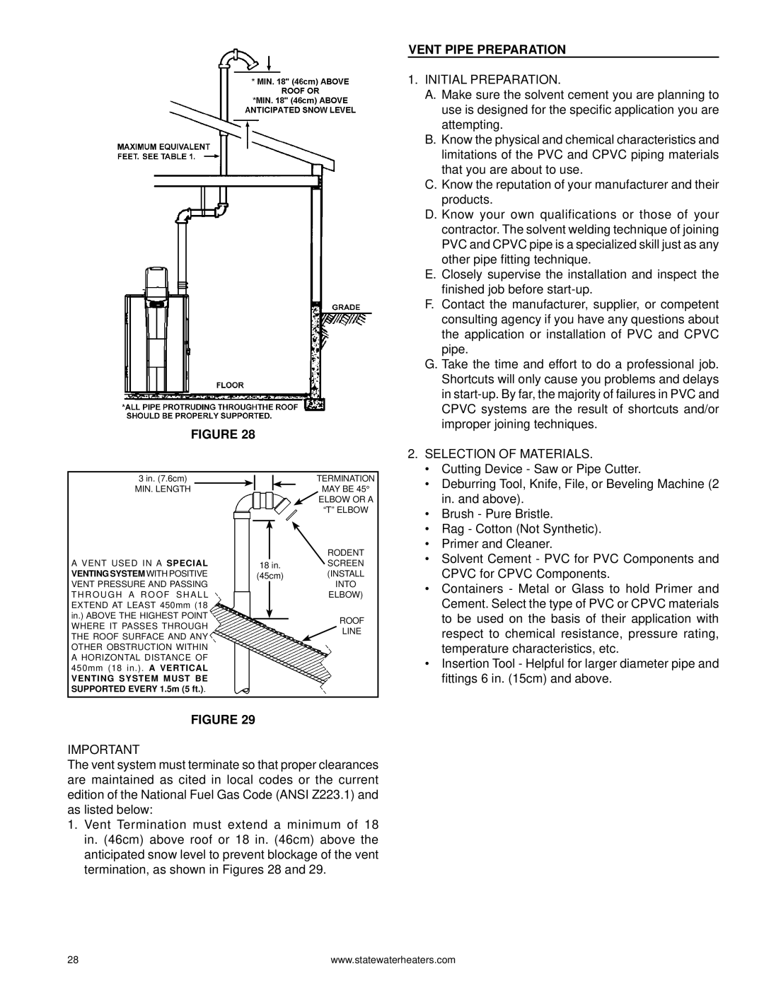 State Industries 0710 316888-002, GPH-90N warranty Vent Pipe Preparation, Initial Preparation, Selection of Materials 