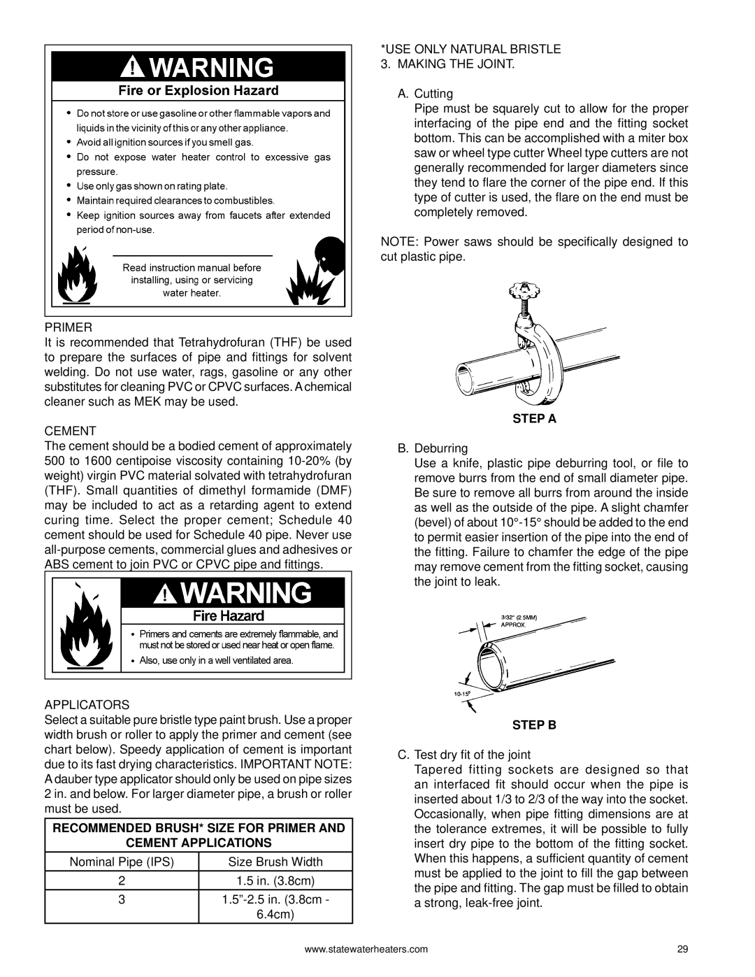 State Industries GPH-90N, 0710 316888-002 warranty Recommended BRUSH* Size for Primer Cement Applications, Step a, Step B 