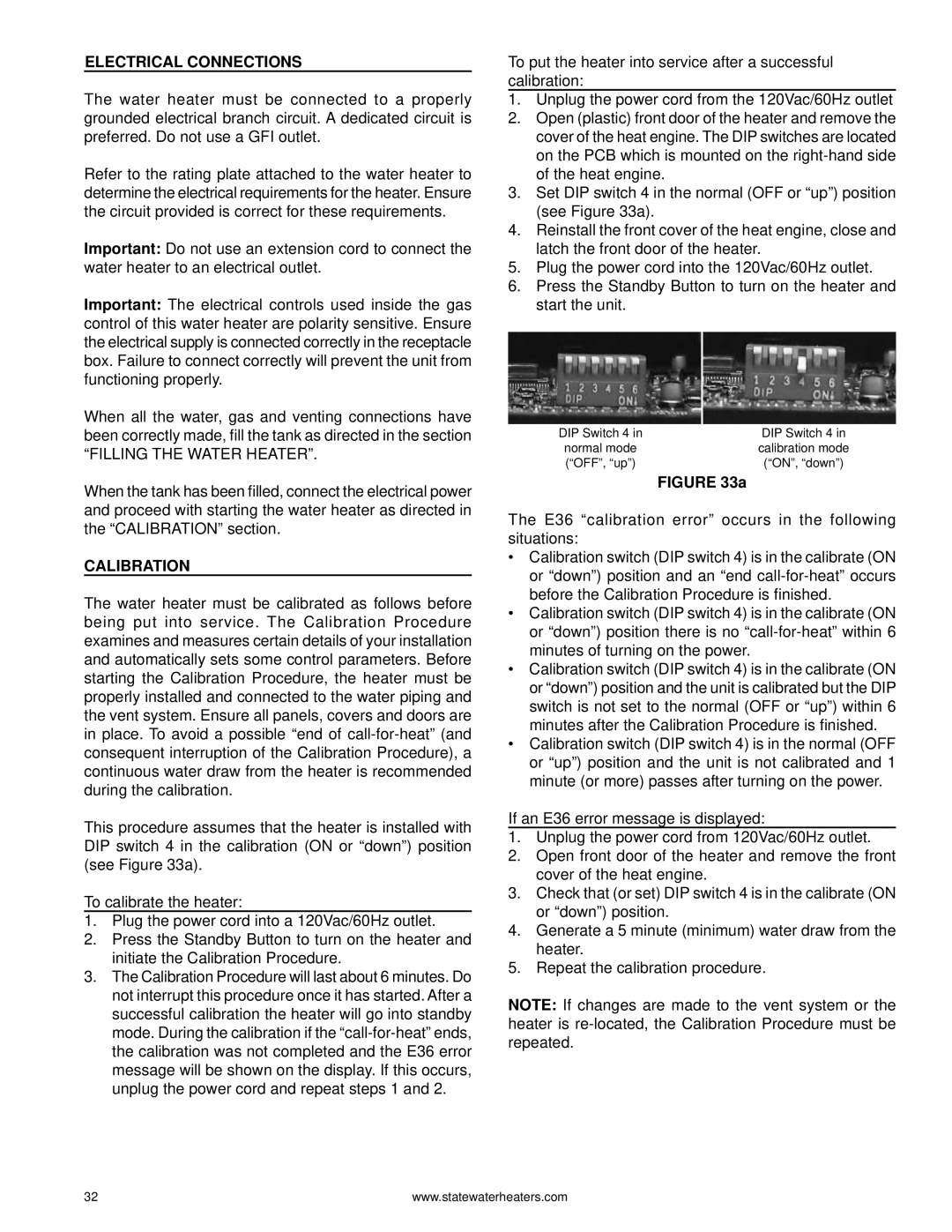 State Industries 0710 316888-002, GPH-90N warranty Electrical Connections, Filling the Water Heater, Calibration 