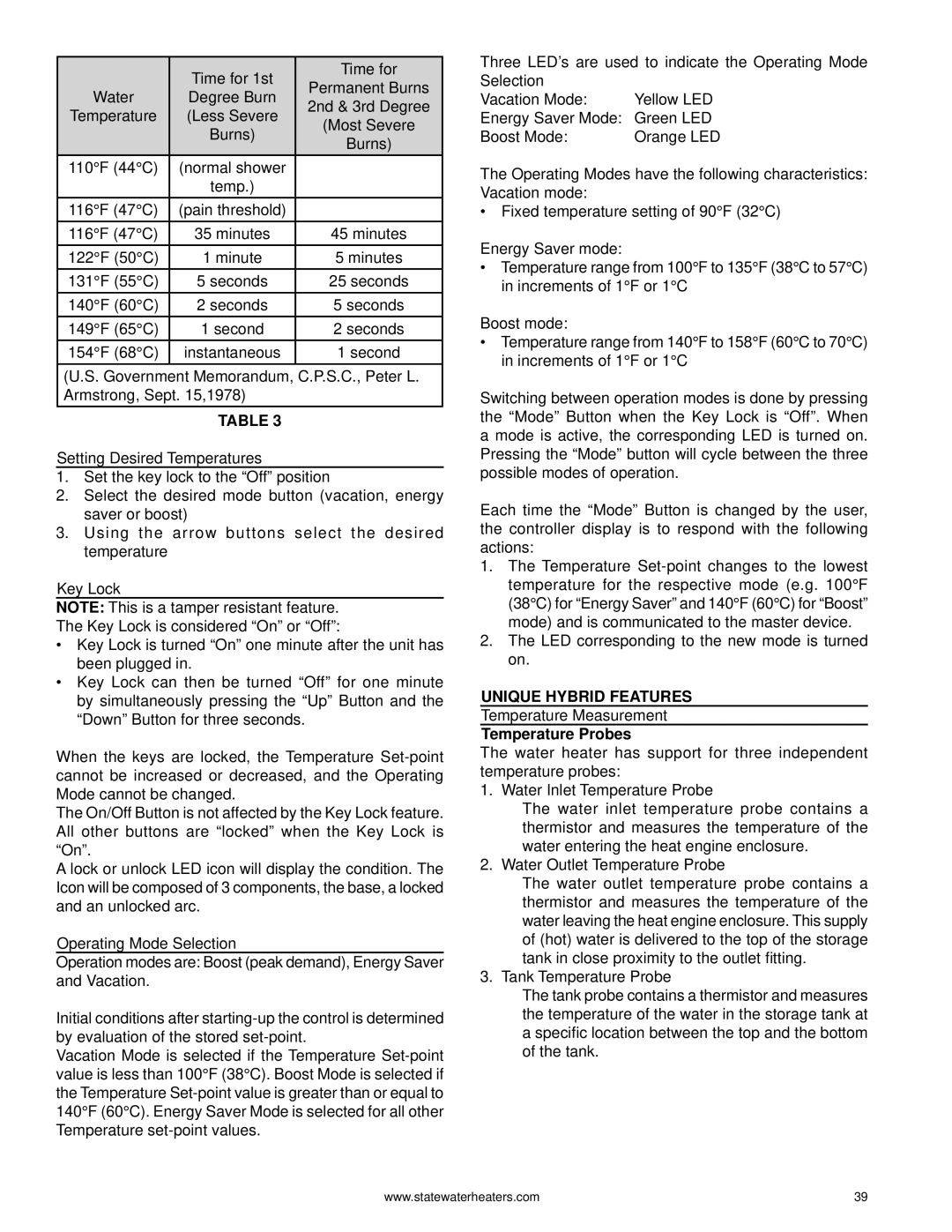 State Industries GPH-90N, 0710 316888-002 warranty Unique Hybrid Features, Temperature Probes 