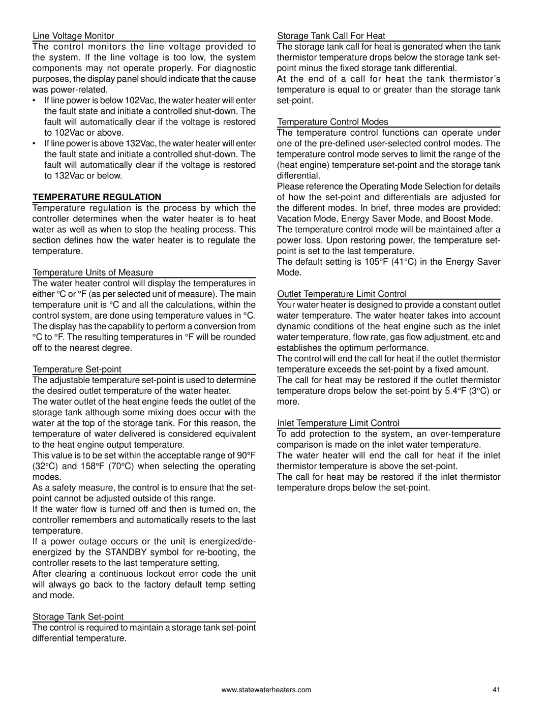 State Industries GPH-90N, 0710 316888-002 warranty Temperature Regulation 