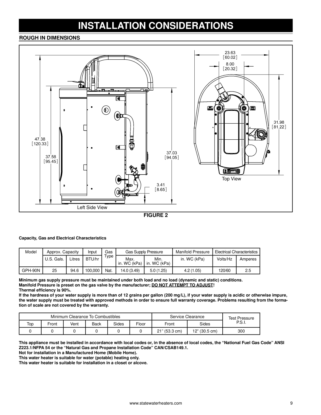 State Industries GPH-90N, 0710 316888-002 warranty Installation Considerations, Rough in Dimensions 