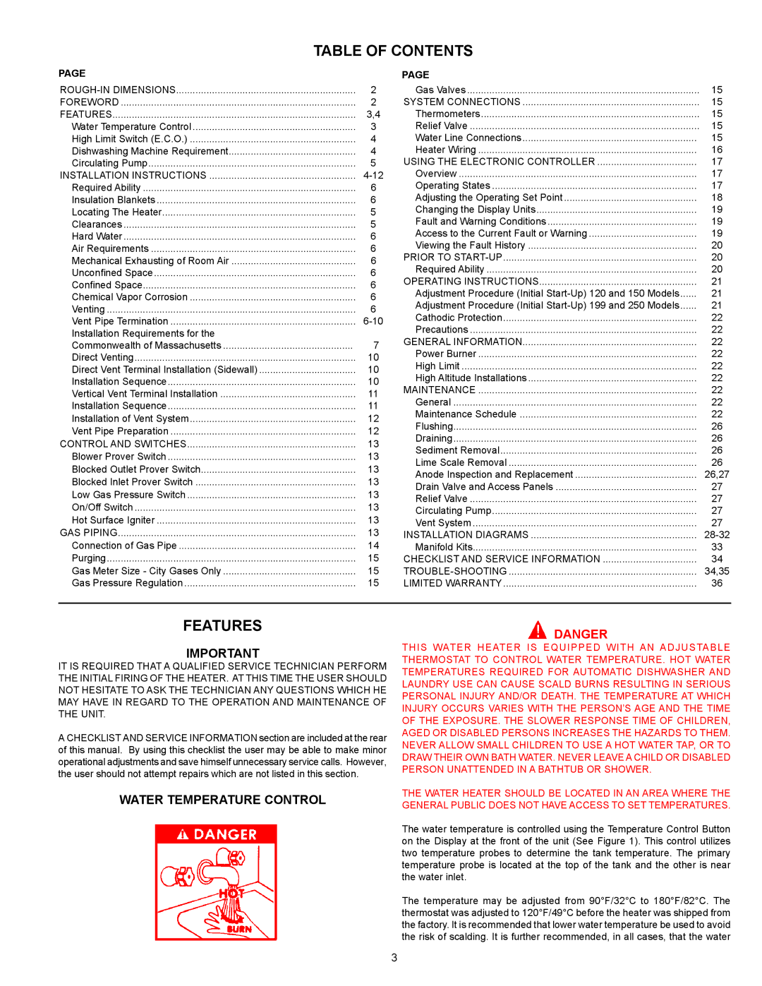 State Industries 100, 101 warranty Table of Contents, Features 