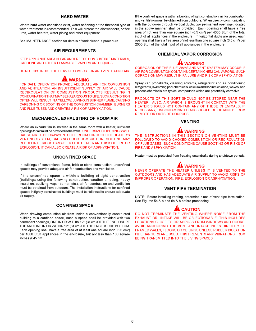 State Industries 101 Hard Water, AIR Requirements, Mechanical Exhausting of Room AIR, Unconfined Space, Confined Space 