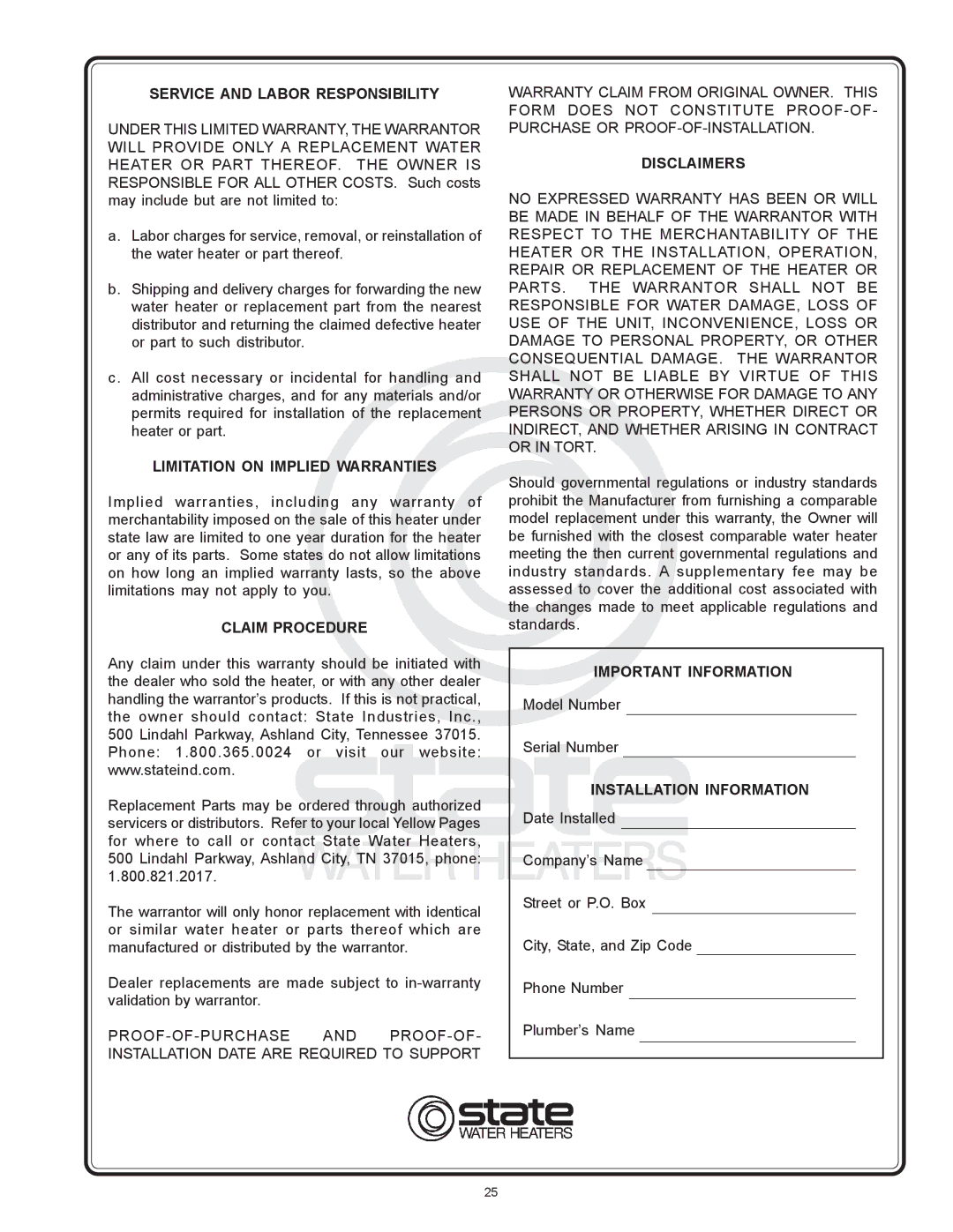 State Industries 184671-000 Rear Service and Labor Responsibility, Limitation on Implied Warranties, Claim Procedure 