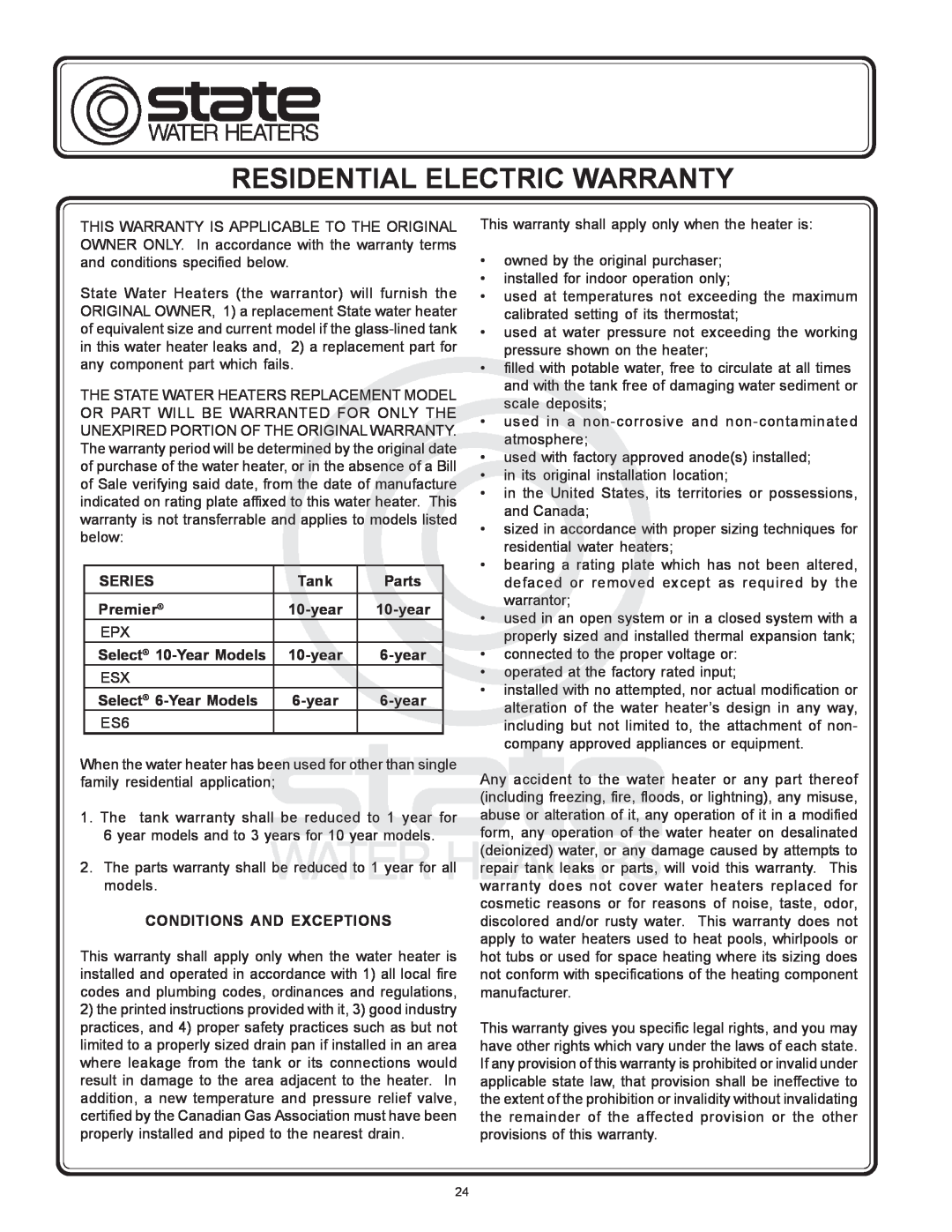 State Industries 184671-000 Rear warranty Residential Electric Warranty 