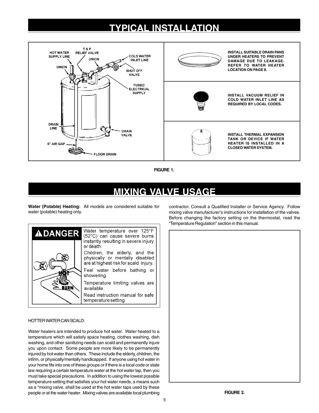 State Industries 184735-000 instruction manual Typical Installation, Mixing Valve Usage 