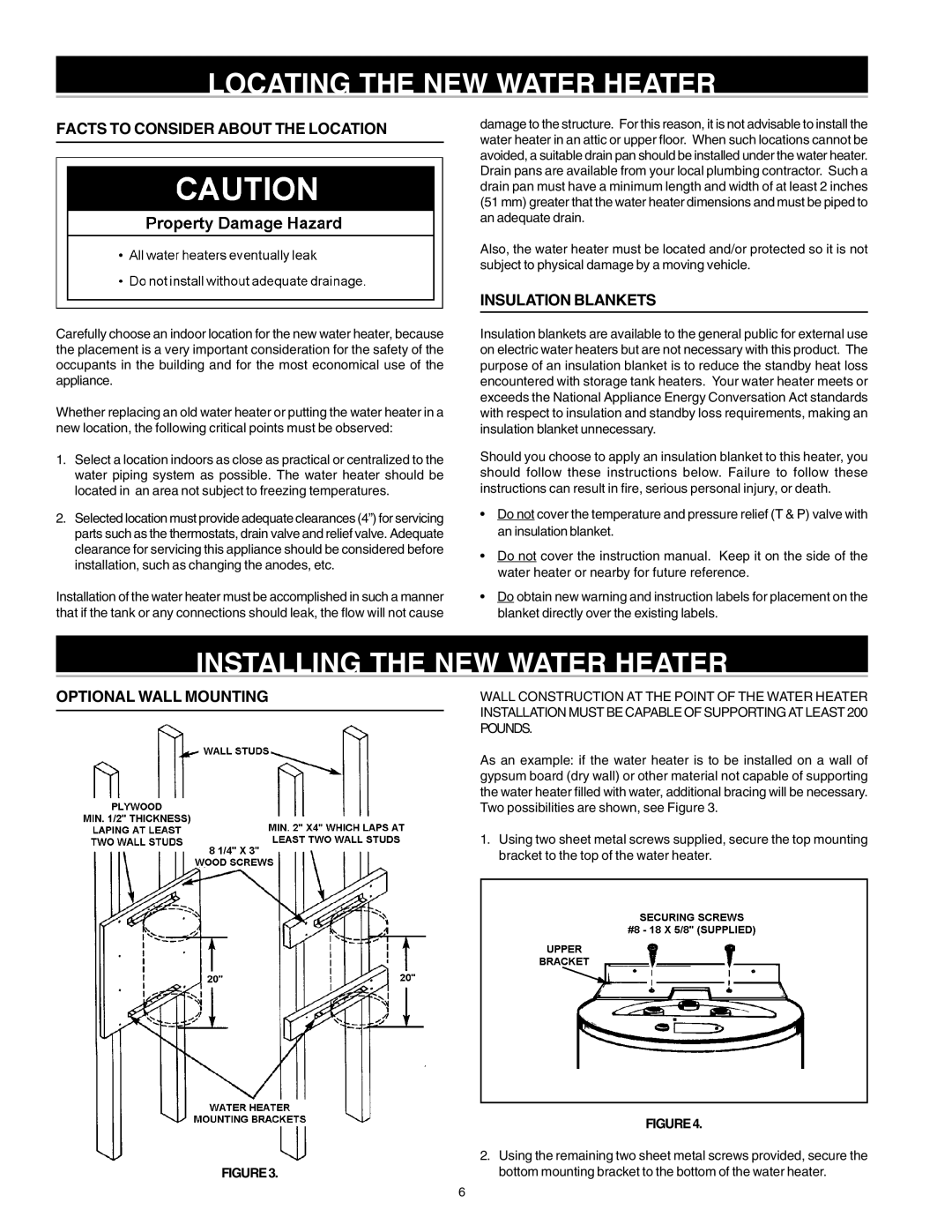 State Industries 184735-000 Locating the NEW Water Heater, Installing the NEW Water Heater, Insulation Blankets 