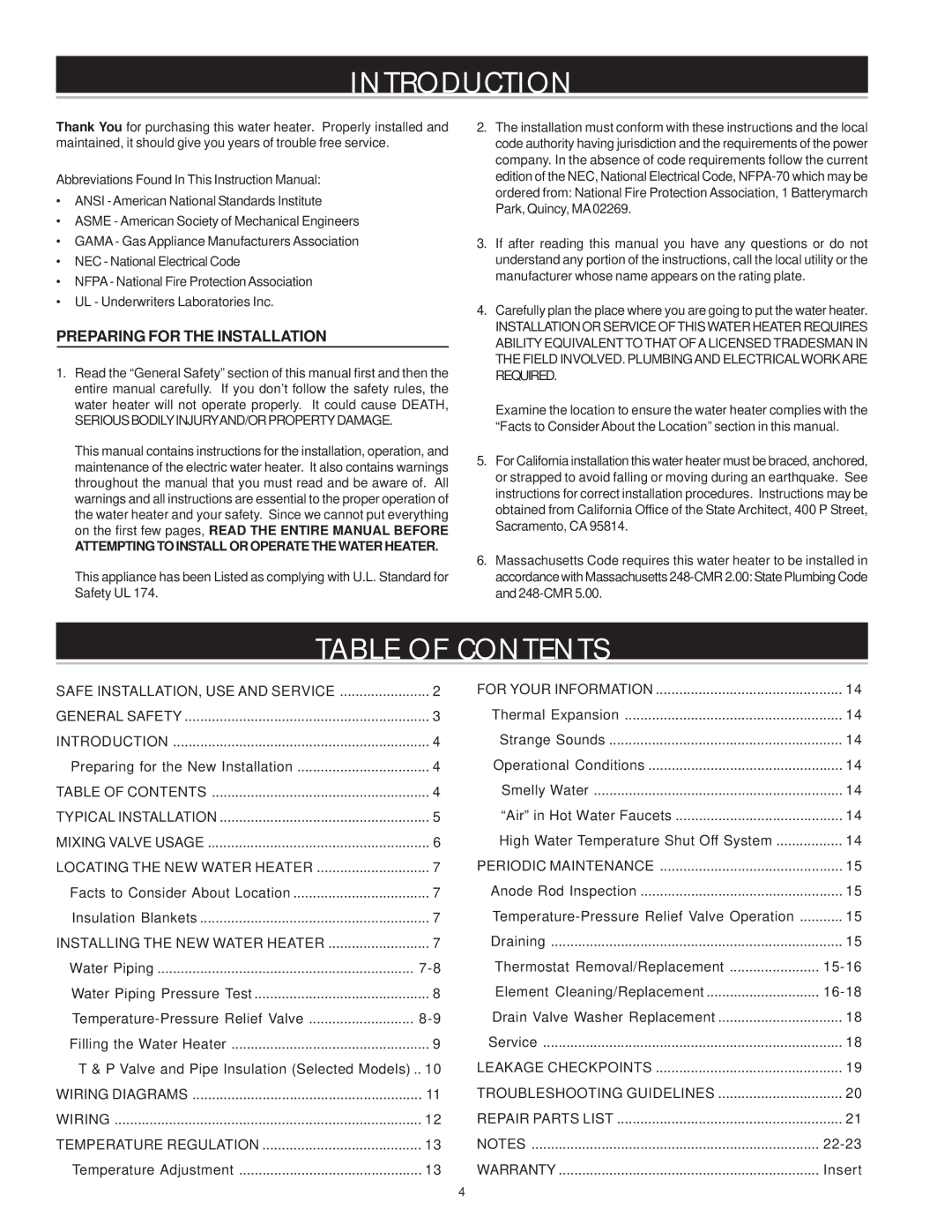 State Industries 184748-001 instruction manual Introduction, Table of Contents 