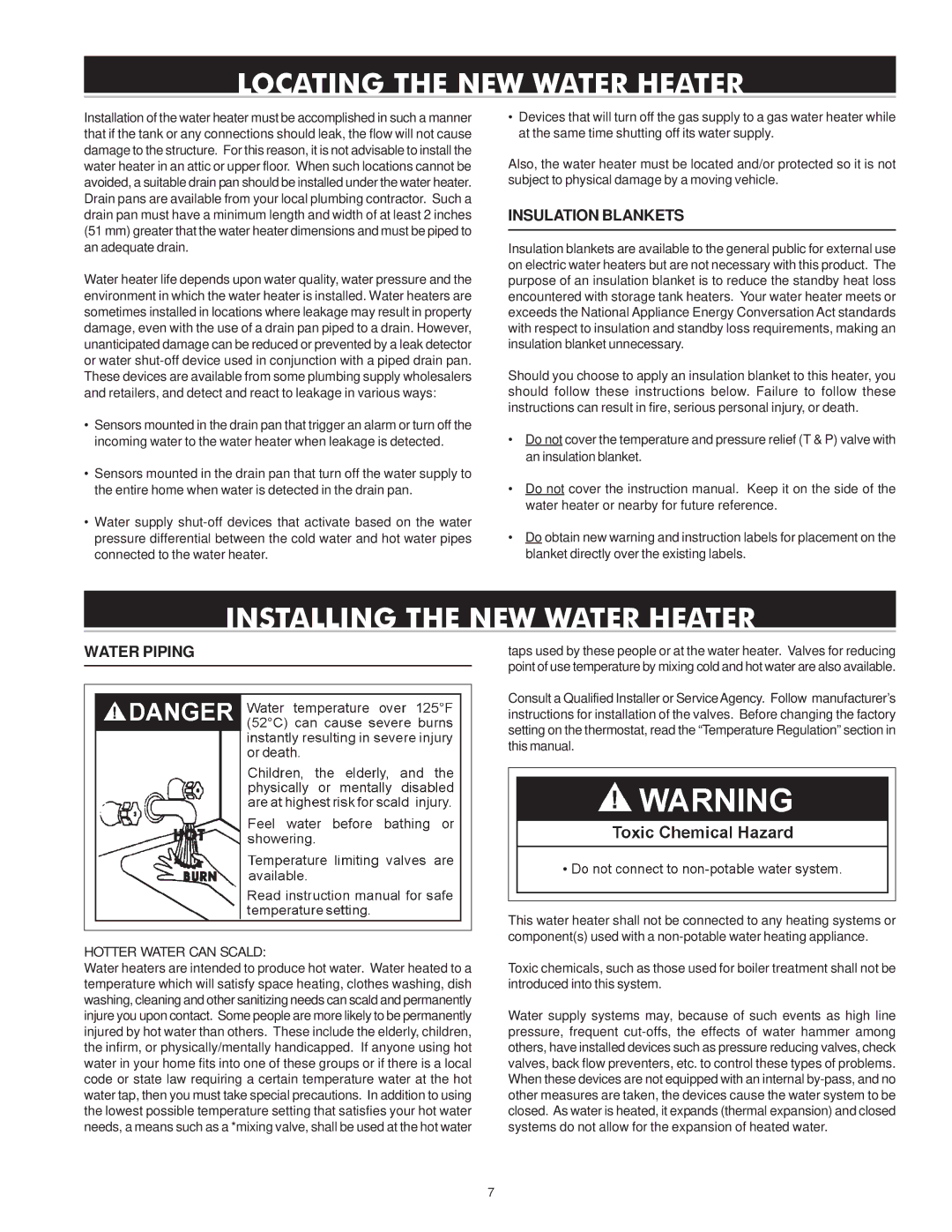 State Industries 184748-001 instruction manual Installing the NEW Water Heater, Insulation Blankets, Water Piping 