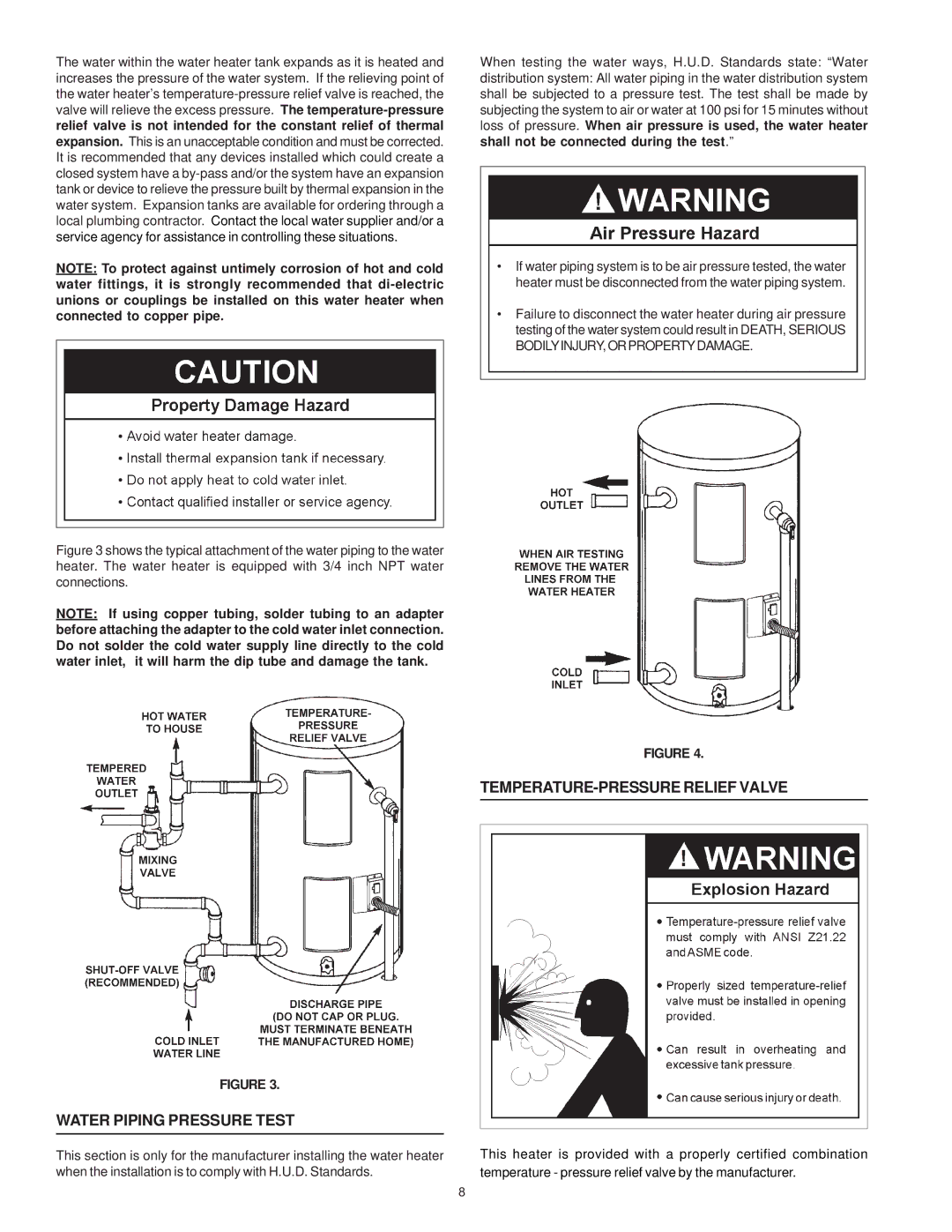 State Industries 184748-001 instruction manual Water Piping Pressure Test, TEMPERATURE-PRESSURE Relief Valve 