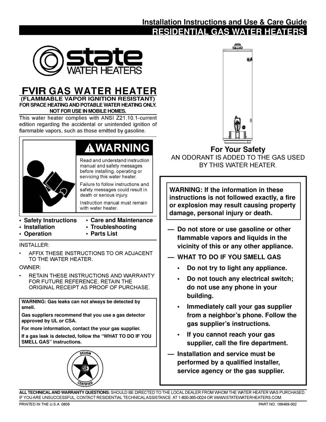 State Industries GS6 50 YOCT Series 200, 186489-002, GS6 50 YOCT Series 201 installation instructions Fvir GAS Water Heater 