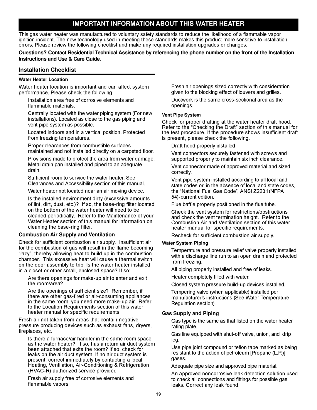 State Industries 186489-002, GS6 50 YOCT Series 200 Important Information about this Water Heater, Installation Checklist 