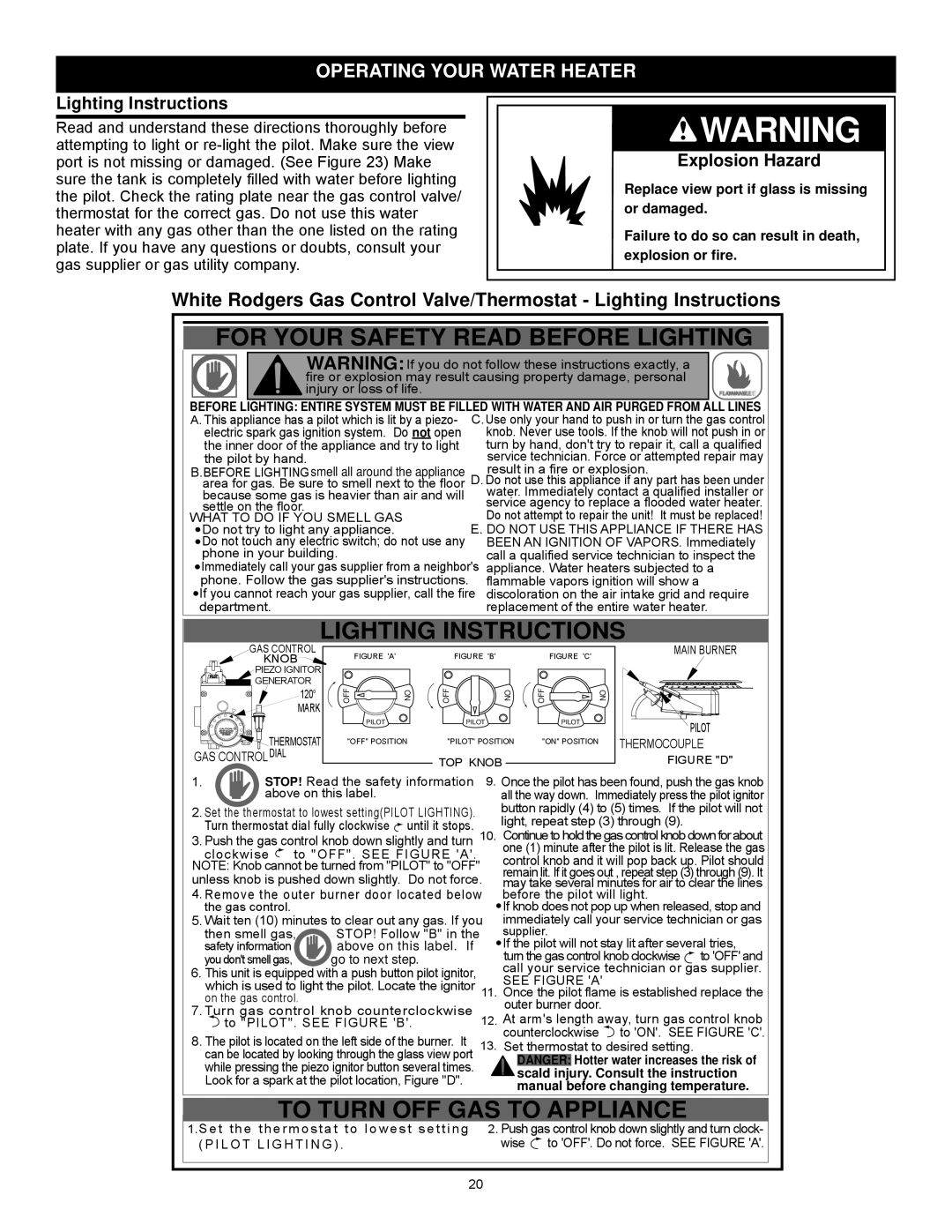 State Industries GS6 50 YOCT Series 200, 186489-002 Operating Your Water Heater, Lighting Instructions 