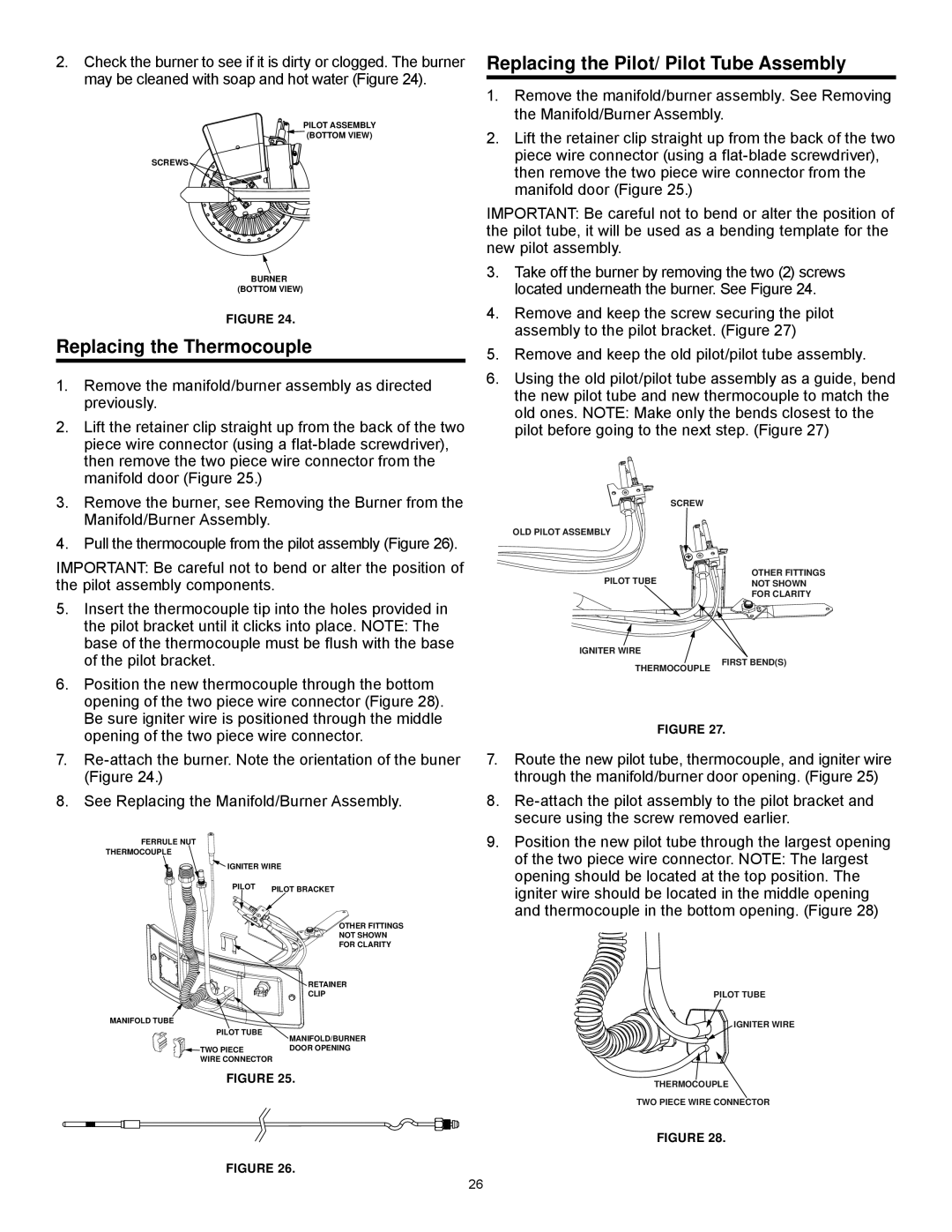 State Industries GS6 30 YOCT Series 200, 186489-002 Replacing the Thermocouple, Replacing the Pilot/ Pilot Tube Assembly 