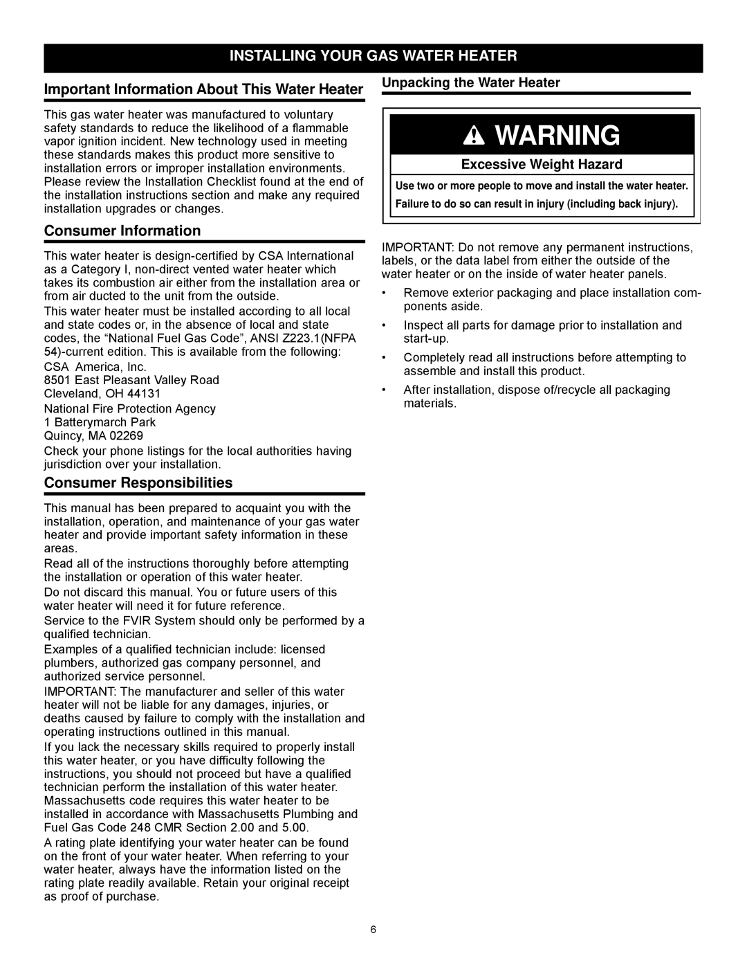 State Industries GS6 50 YBRS Series 200 Installing Your GAS Water Heater, Important Information About This Water Heater 