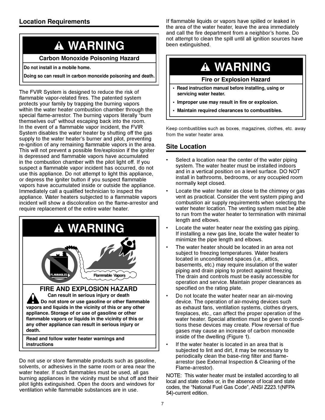 State Industries GS6 30 YOCT Series 200, 186489-002 Location Requirements, Site Location, Carbon Monoxide Poisoning Hazard 