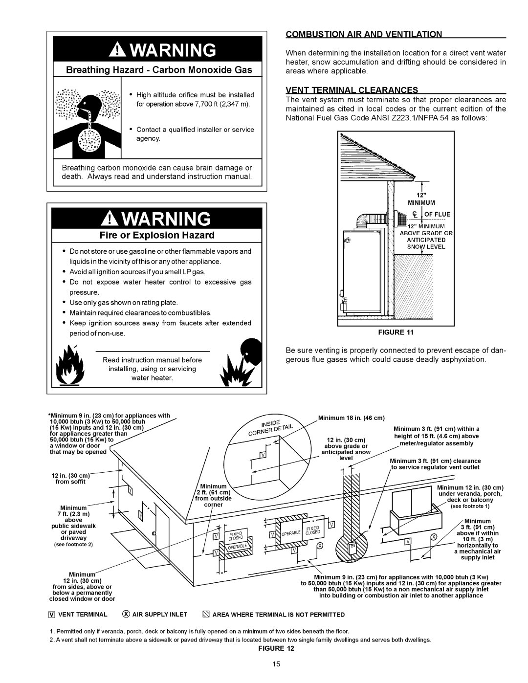 State Industries 186589-001 instruction manual Combustion AIR and Ventilation, Vent Terminal Clearances 