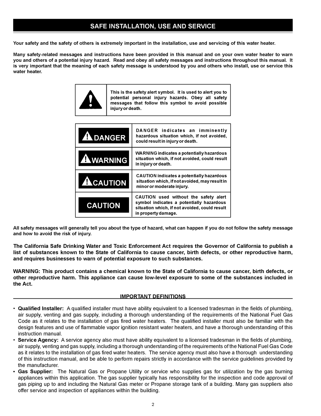 State Industries 186589-001 instruction manual Safe INSTALLATION, USE and Service, Important Definitions 