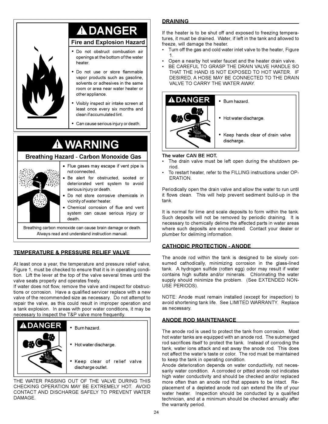 State Industries 186589-001 instruction manual Temperature & Pressure Relief Valve, Draining, Cathodic Protection Anode 