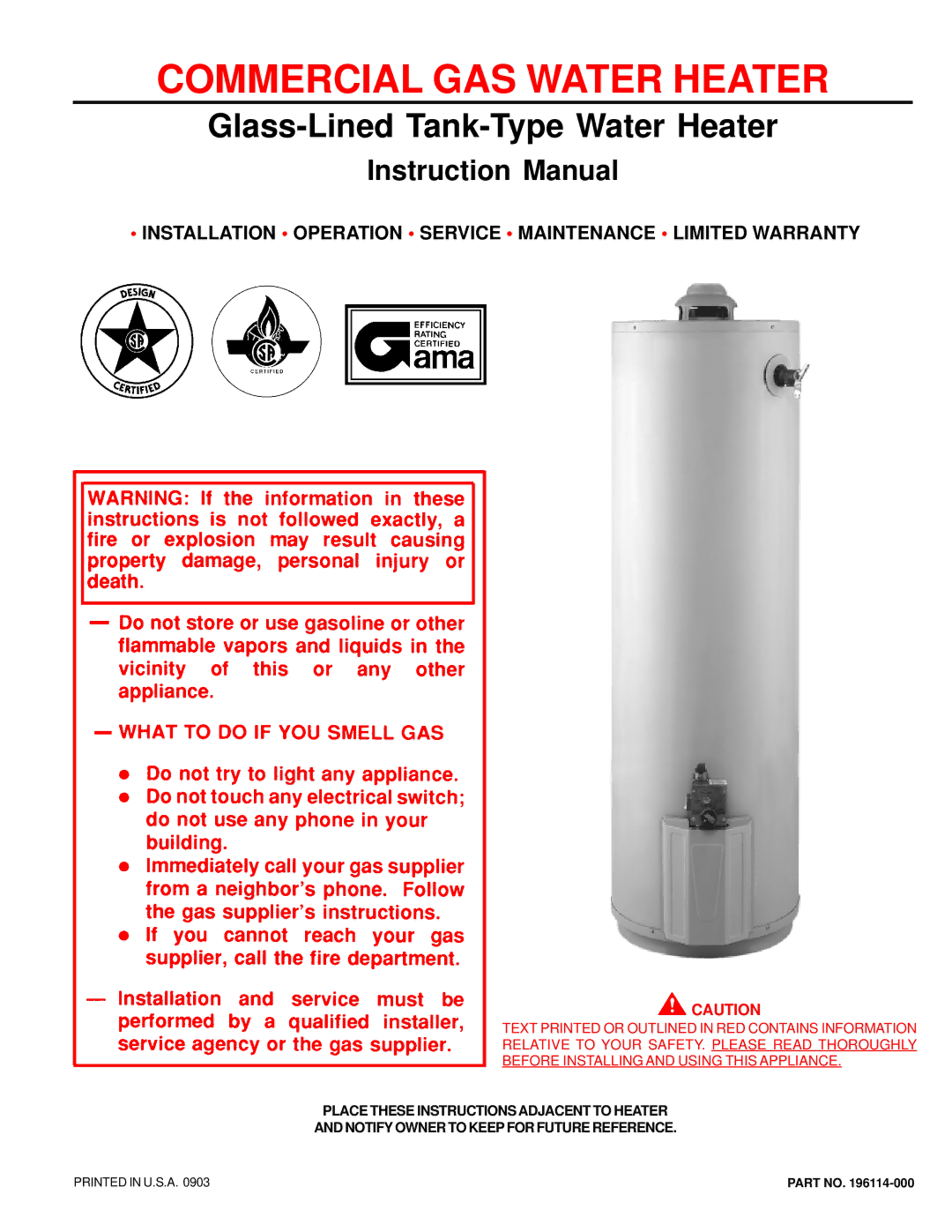 State Industries 196114-000 instruction manual Commercial GAS Water Heater 