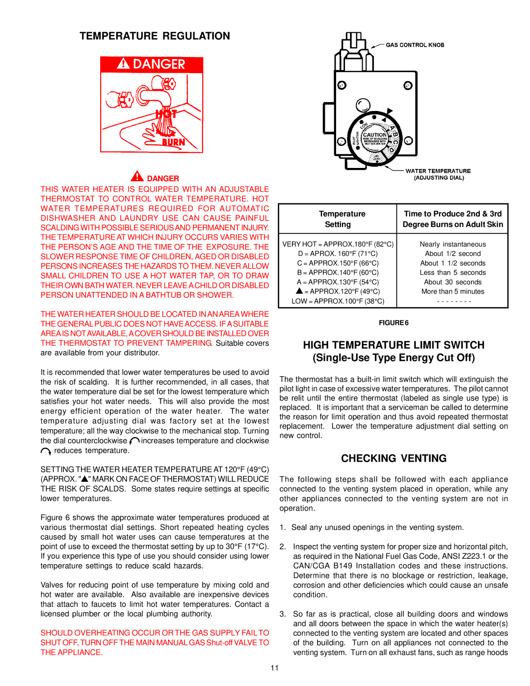 State Industries 196114-000 instruction manual Temperature Regulation, High Temperature Limit Switch, Checking Venting 