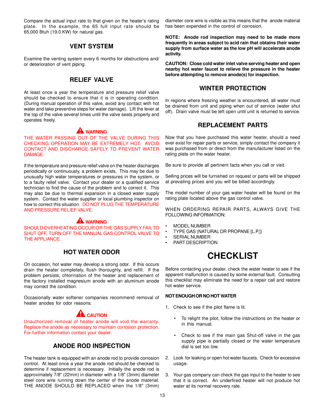 State Industries 196114-000 instruction manual Checklist 