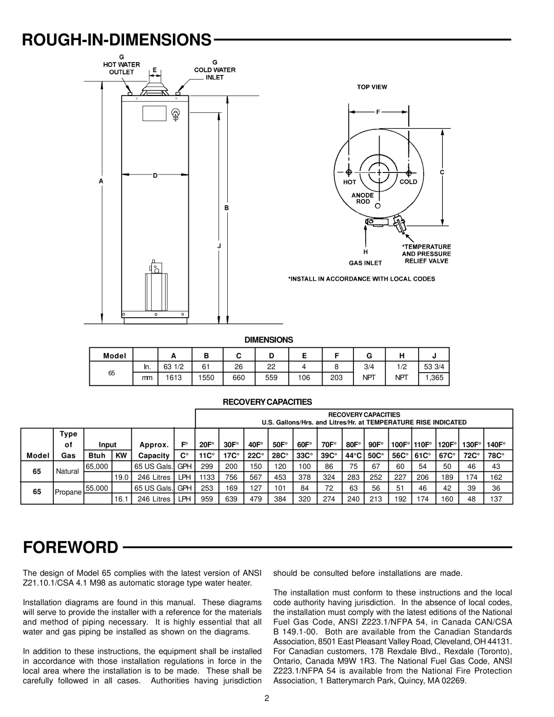 State Industries 196114-000 instruction manual Dimensions, Recovery Capacities 