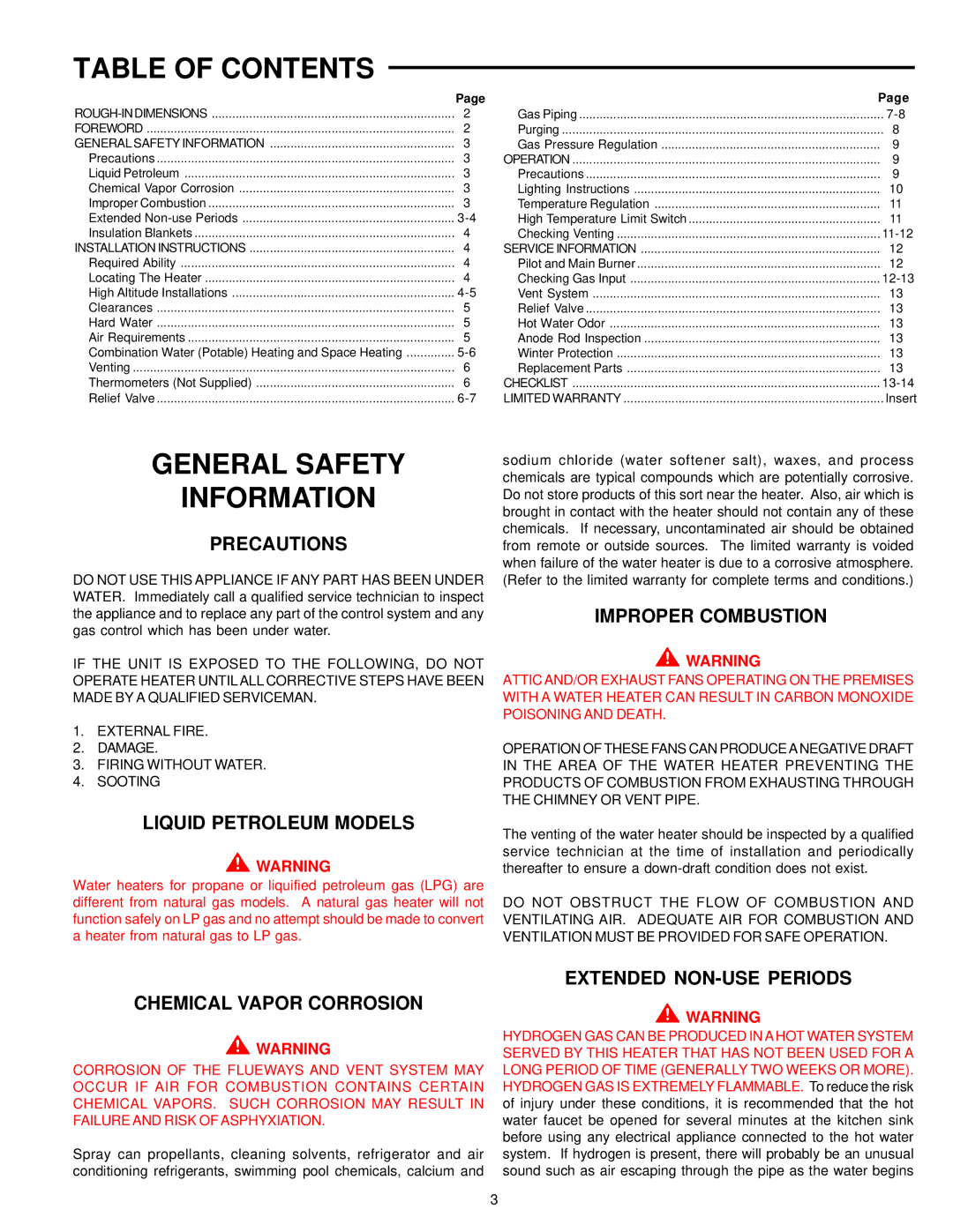 State Industries 196114-000 instruction manual Table of Contents 