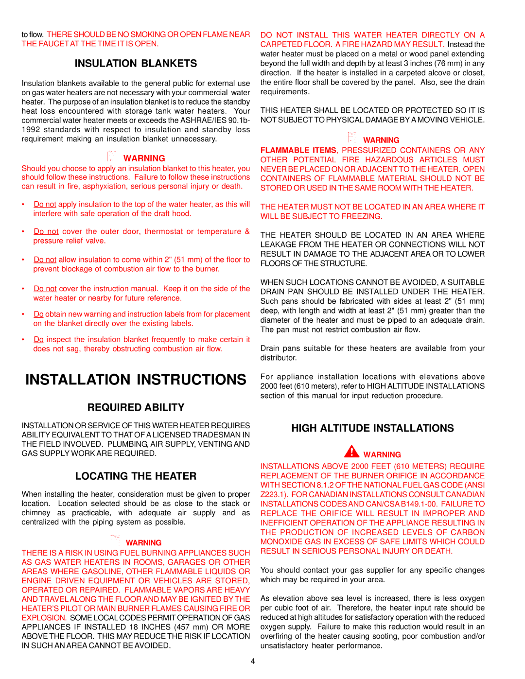 State Industries 196114-000 Installation Instructions, Insulation Blankets, Required Ability, Locating the Heater 