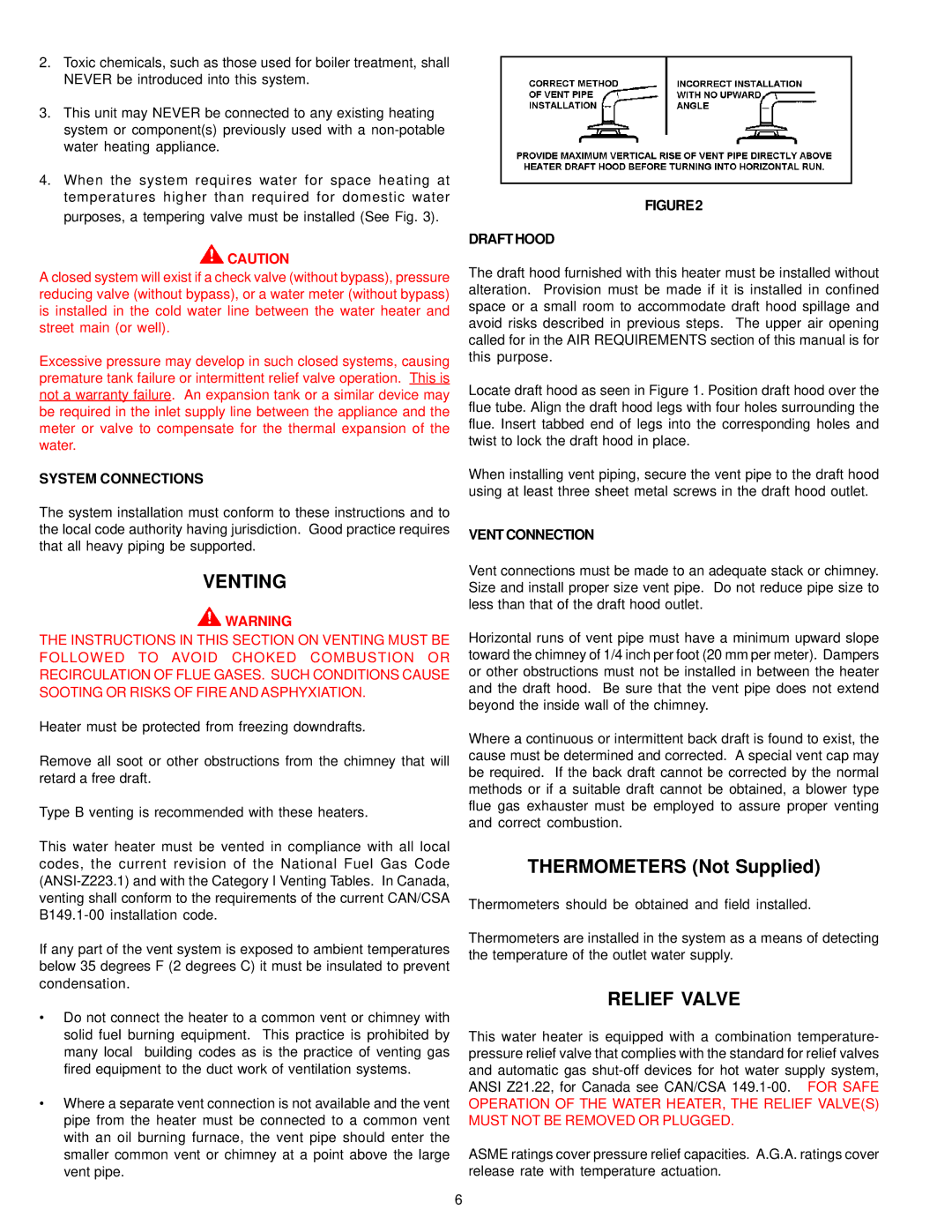 State Industries 196114-000 instruction manual Venting, Relief Valve, System Connections, Drafthood, Vent Connection 