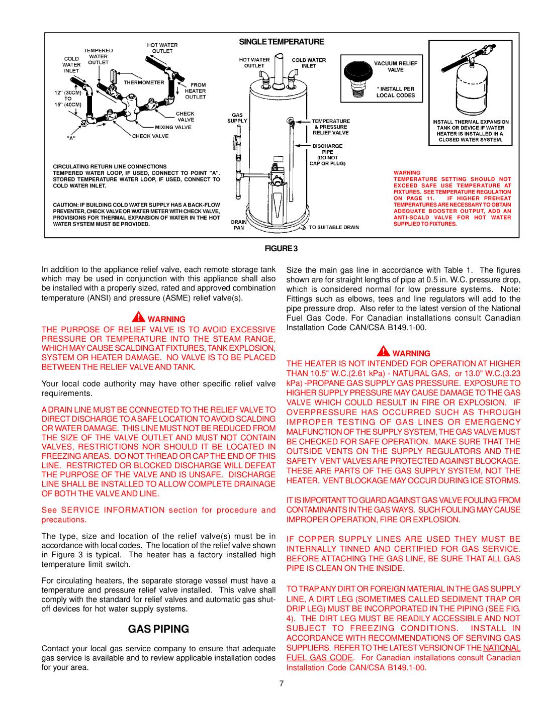 State Industries 196114-000 instruction manual GAS Piping, Single Temperature 