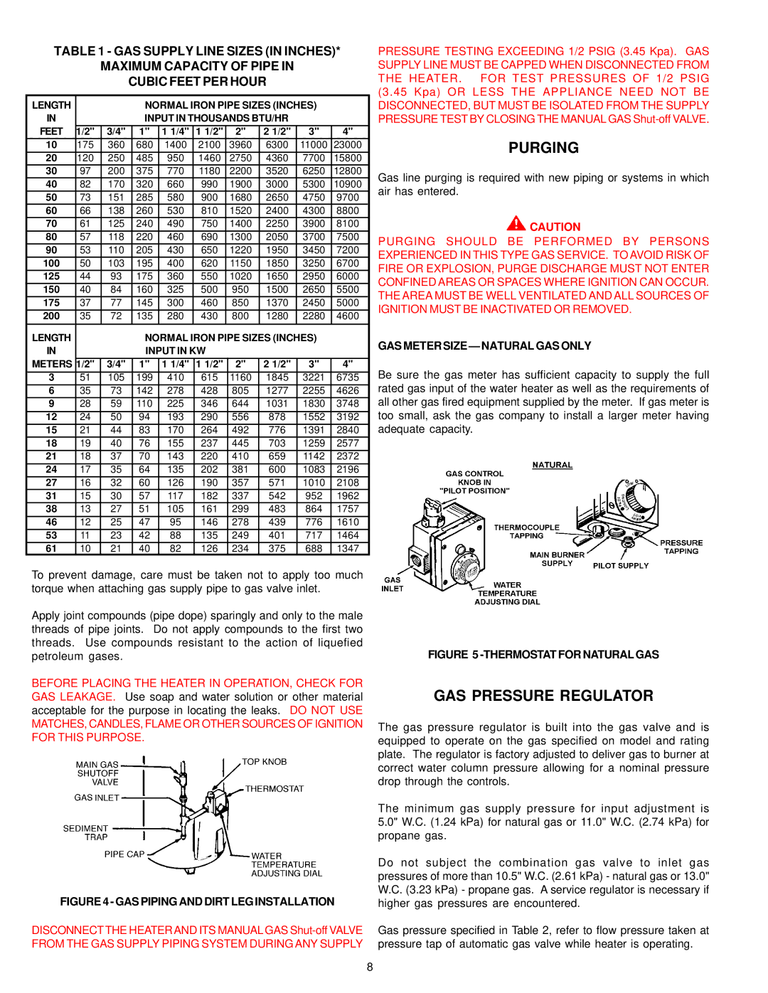 State Industries 196114-000 instruction manual Purging, GAS Pressure Regulator, GAS Meter Size Natural GAS only 