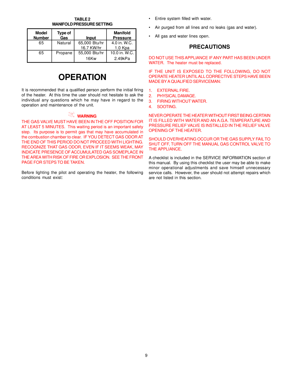 State Industries 196114-000 instruction manual Operation, Manifold Pressure Setting 