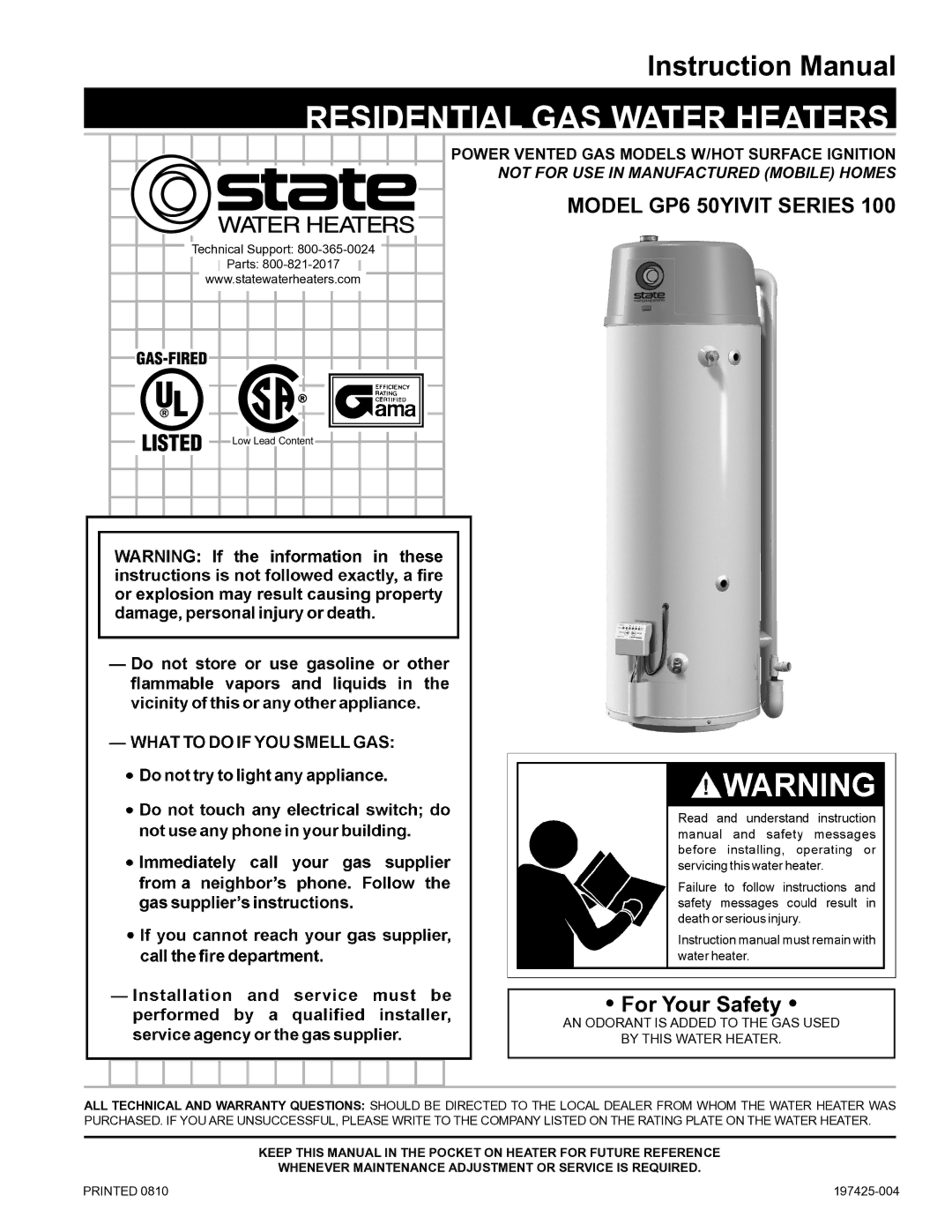 State Industries 197425-004 instruction manual Whenever maintenance adjustment or service is required, Printed 