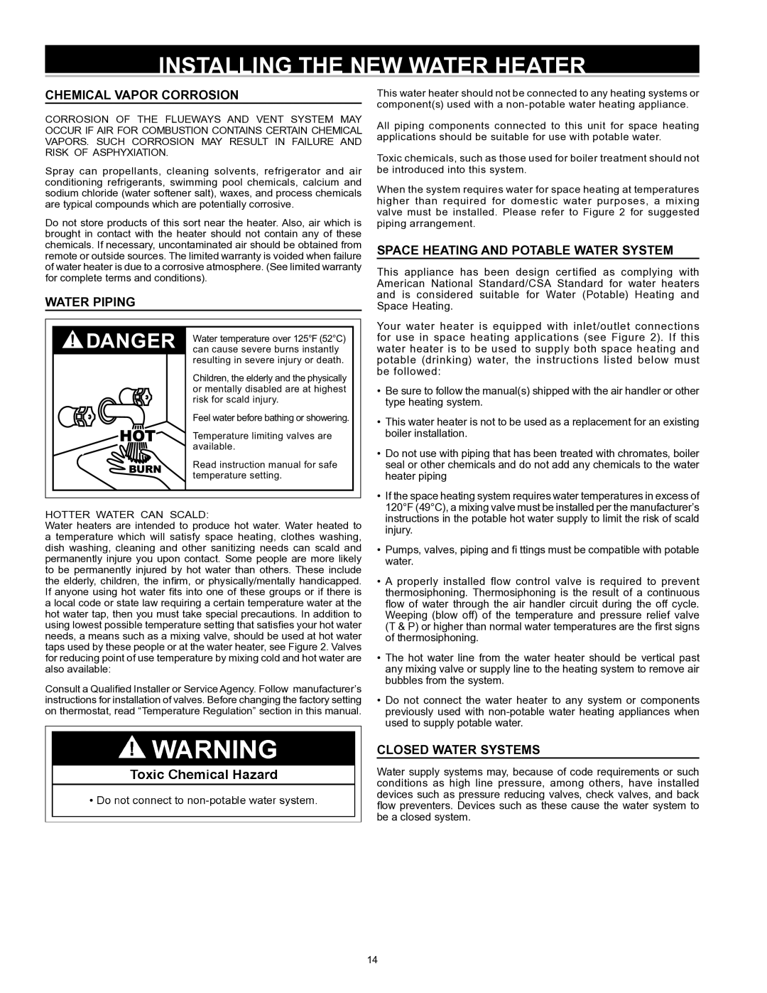 State Industries 197425-004 Installing the NEW Water Heater, Chemical Vapor Corrosion, Water Piping, Closed Water Systems 