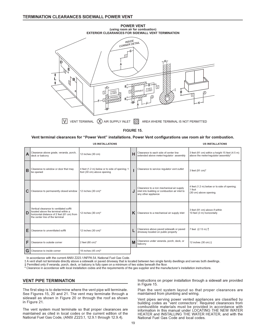 State Industries 197425-004 instruction manual Termination Clearances Sidewall Power Vent, Vent Pipe Termination 