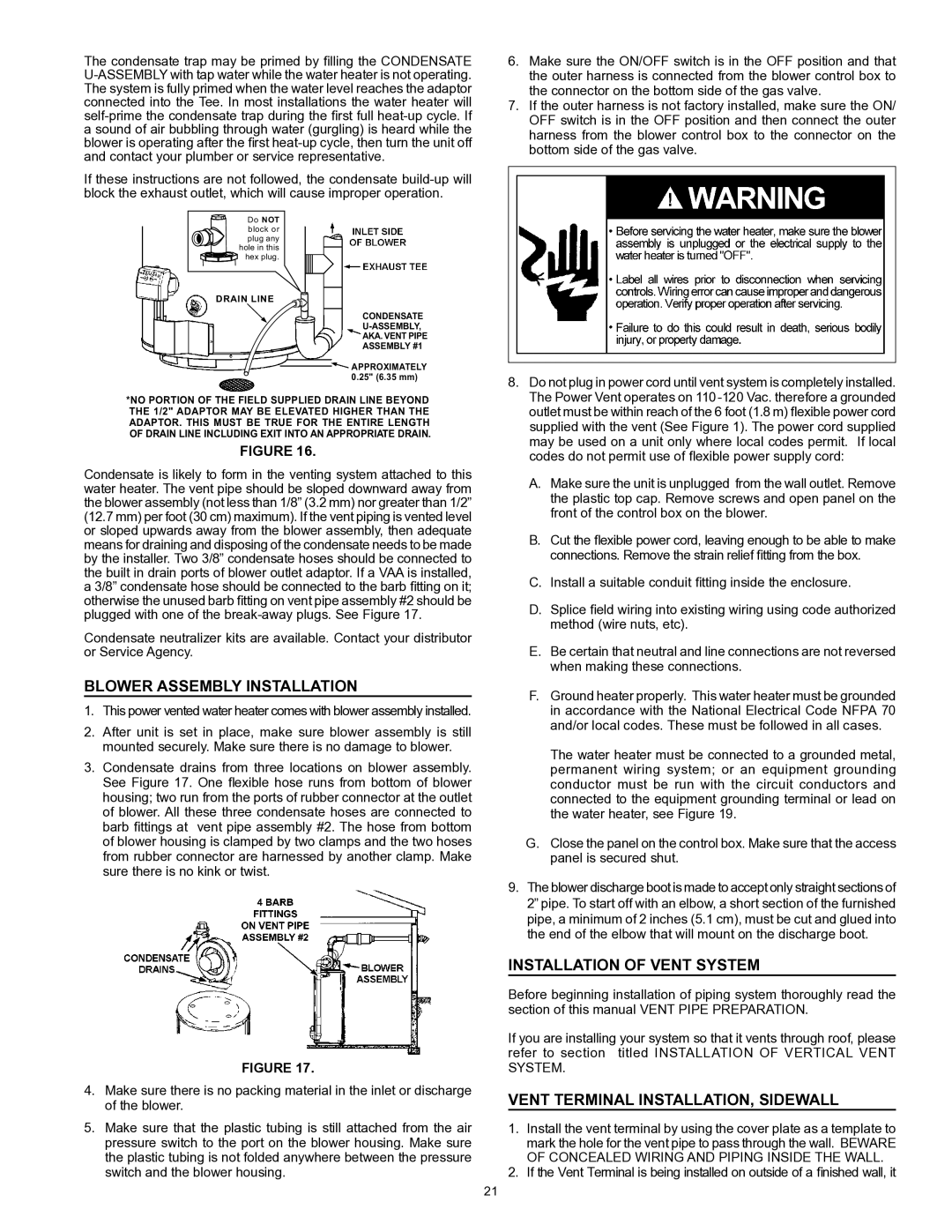 State Industries 197425-004 instruction manual Blower Assembly Installation, Installation of Vent System 