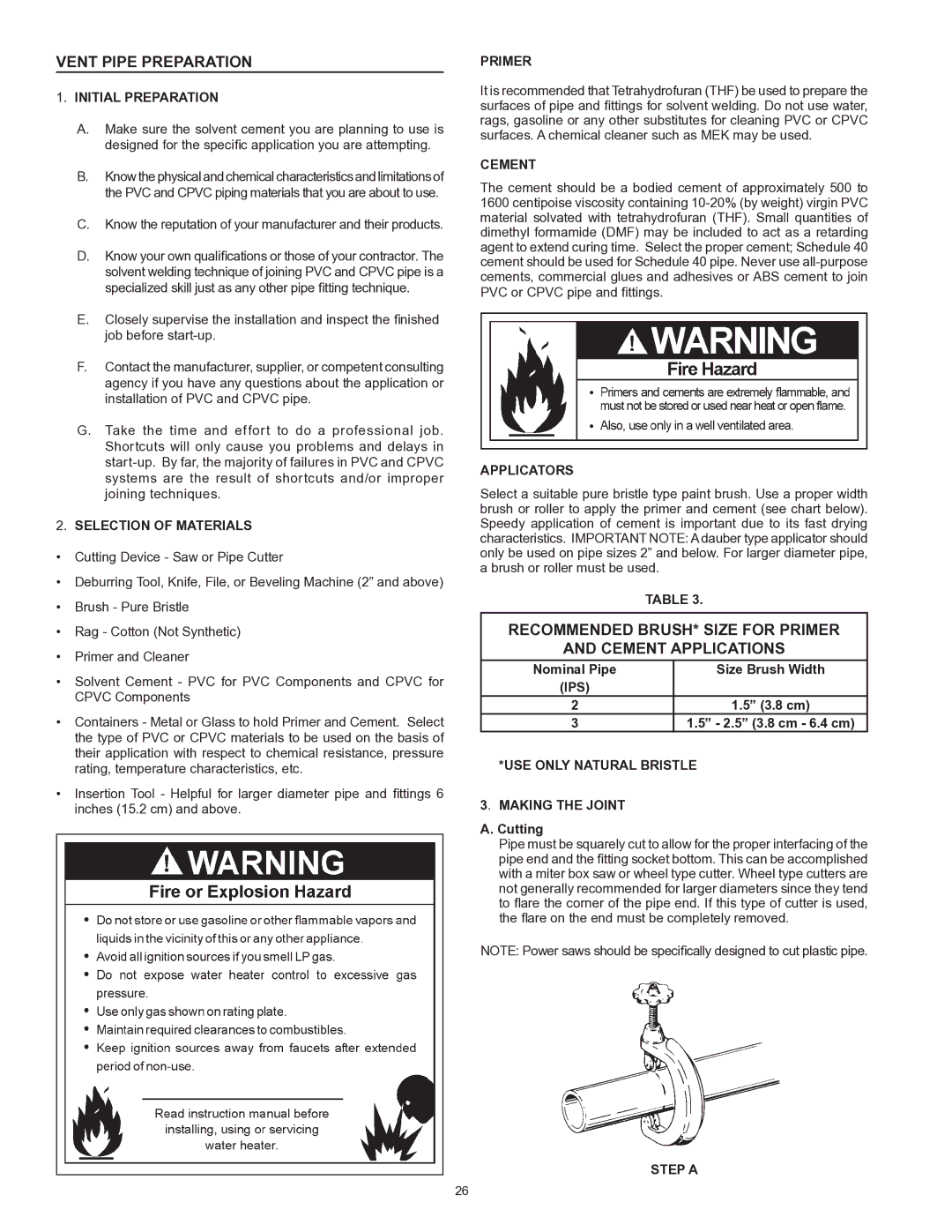 State Industries 197425-004 Vent Pipe Preparation, Recommended BRUSH* Size for Primer Cement Applications 