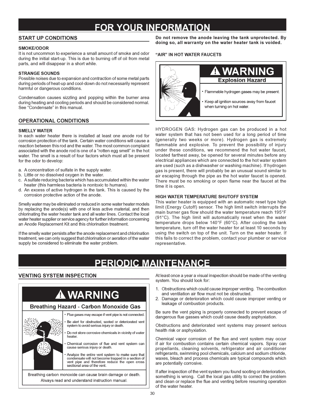 State Industries 197425-004 For Your Information, Periodic Maintenance, Start UP Conditions, Operational Conditions 