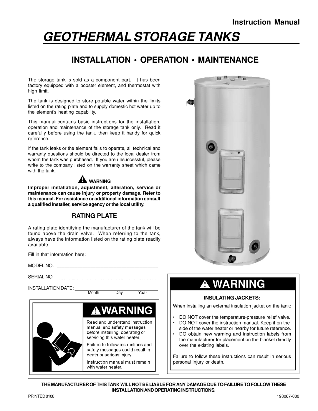 State Industries SGV 82 10TS, 198067-000, SGV 120 10TS instruction manual Geothermal Storage Tanks, Rating Plate 