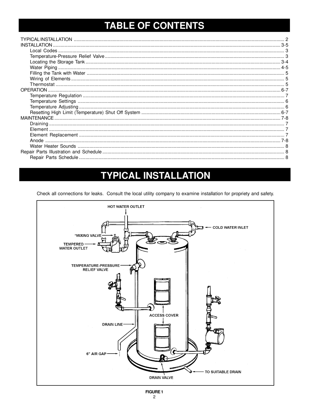 State Industries SGV 120 10TS, 198067-000, SGV 82 10TS instruction manual Table of Contents, Typical Installation 