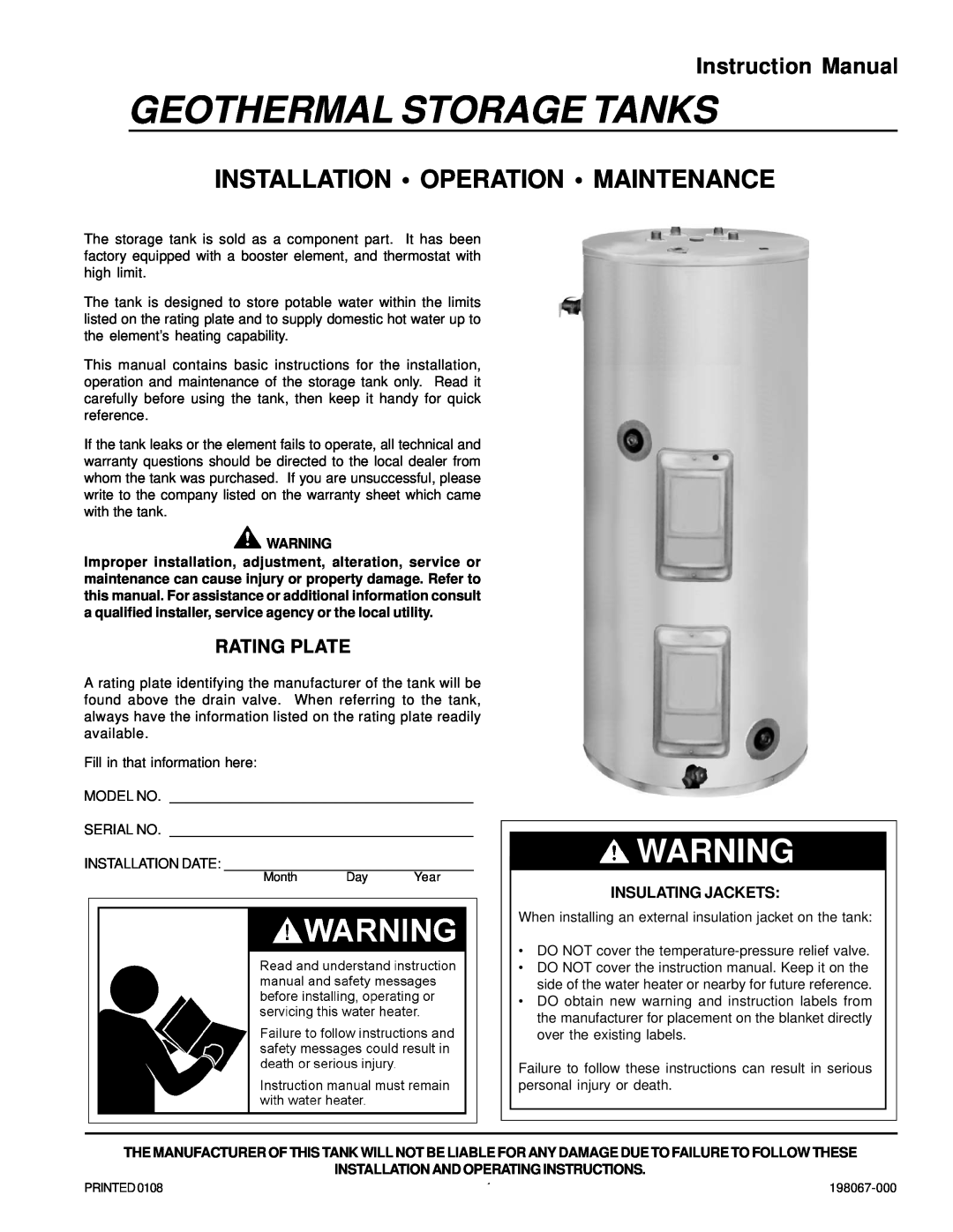 State Industries SGV 82 10TS instruction manual Rating Plate, Geothermal Storage Tanks, Installation Operation Maintenance 