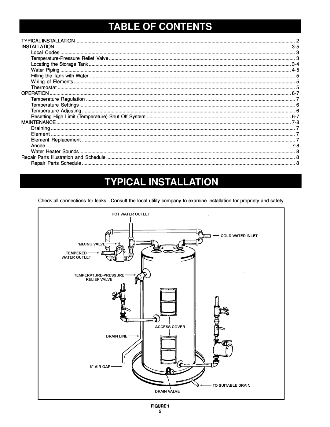 State Industries SGV 120 10TS, 198067-000, SGV 82 10TS instruction manual Table Of Contents, Typical Installation 