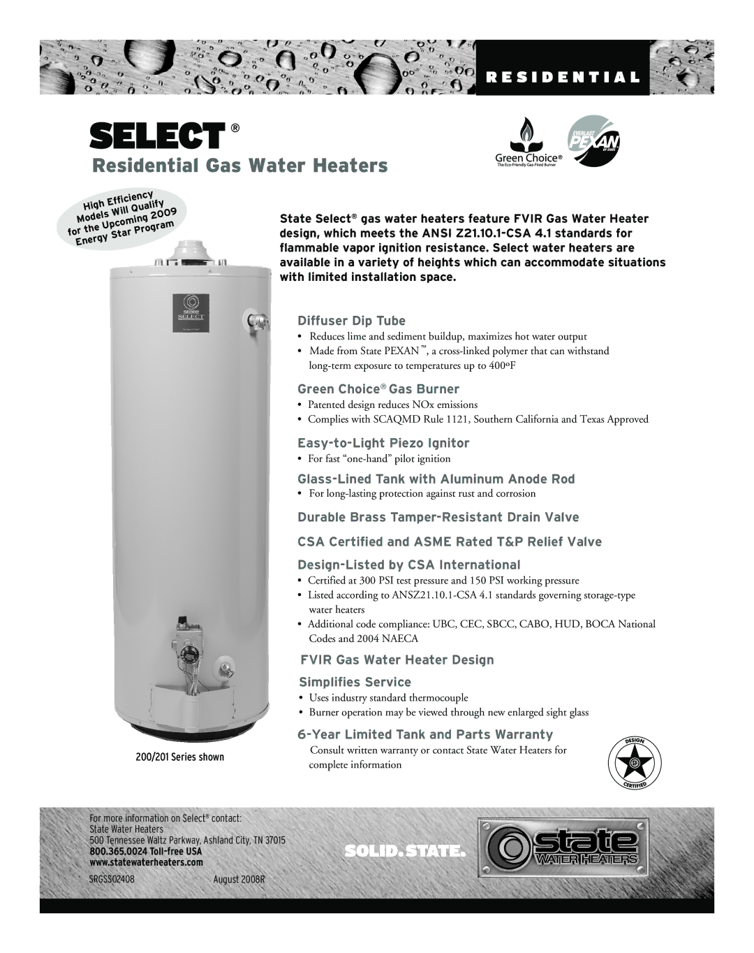 State Industries 201 Series, 200 Series warranty Select, Residential Gas Water Heaters 