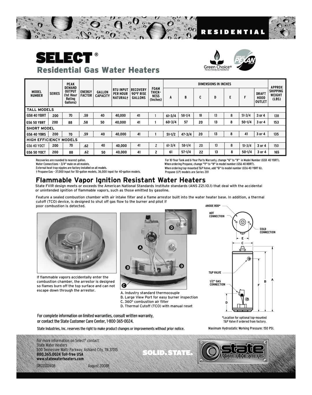 State Industries 200 Series, 201 Series warranty Flammable Vapor Ignition Resistant Water Heaters 