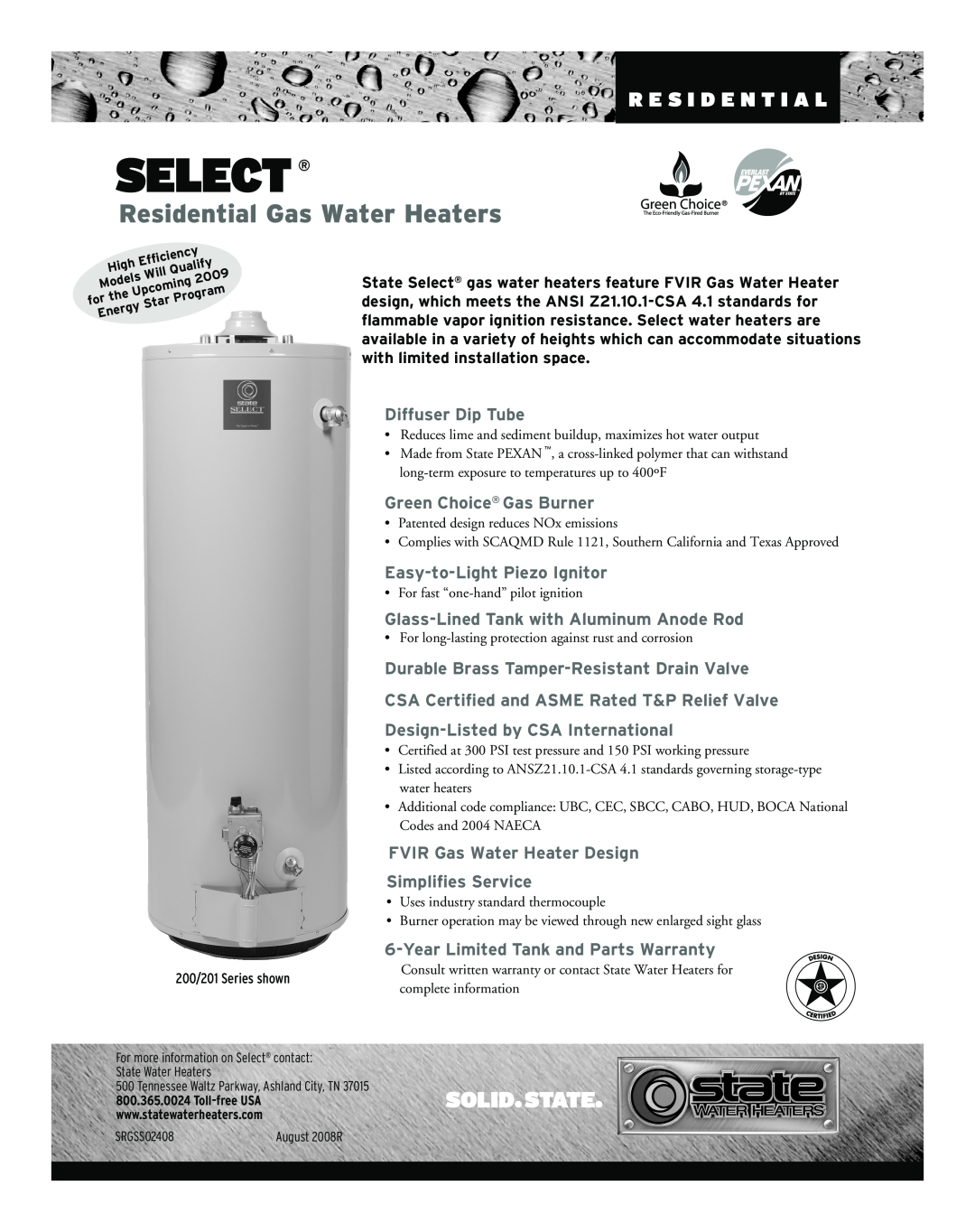 State Industries 201 Series warranty Select, Residential Gas Water Heaters, R E S I D E N T I A L, Diffuser Dip Tube 