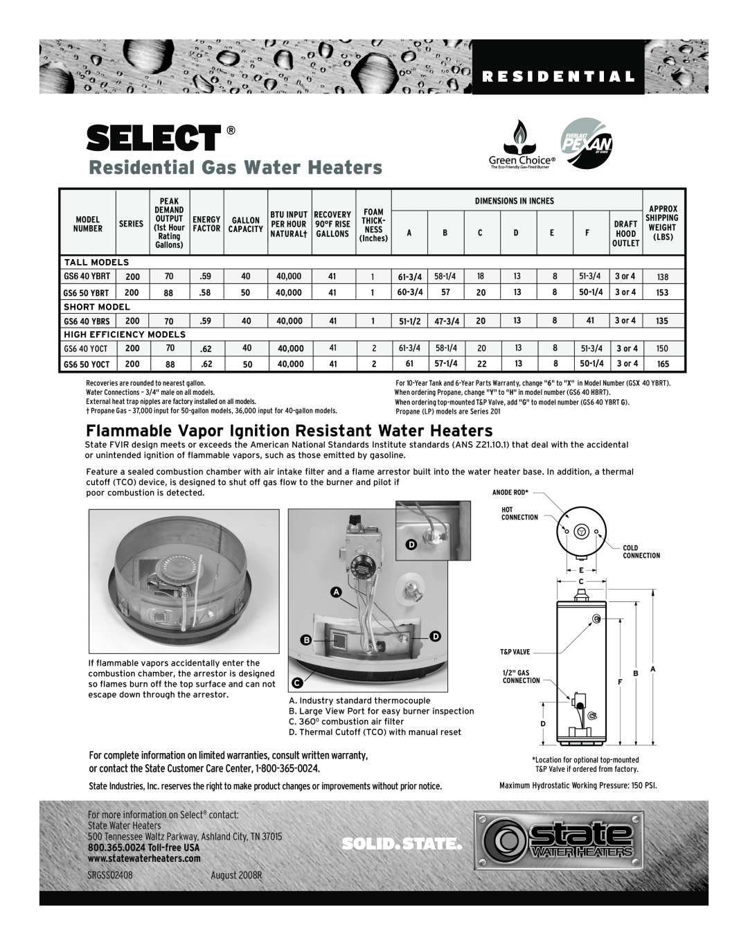 State Industries 200 Series warranty August 2008R, Select, Residential Gas Water Heaters, R E S I D E N T I A L, SRGSS02408 